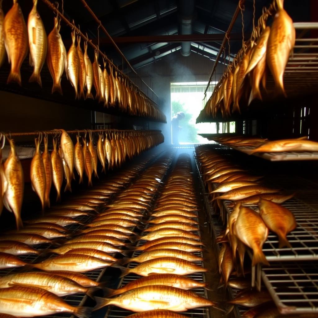 Tilapia et Clarias fumés sur des claies dans le fumoir
